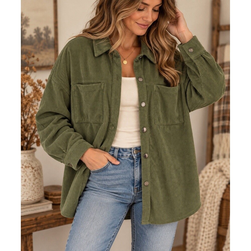 PrettyGarden Chic Women’s Medium Olive Green Corduroy Shacket Snap Front Pockets